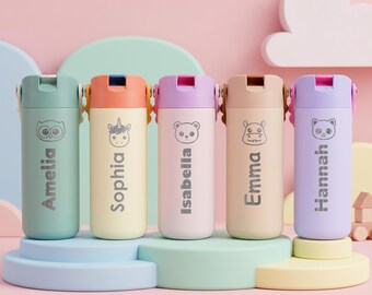 Personalized Kawaii School Water Bottle | Custom Name and Cute Animal Stainless Steel Sipper Cup for Kids | Back to School Daycare Gift