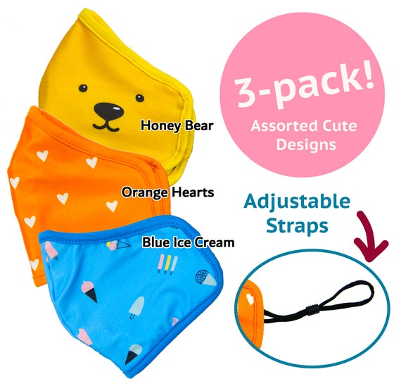 Kids Face Masks Variety 3-Pack Cute - Washable Reusable Adjustable Mask, Filter Pocket - Breathable, Comfortable, Cooling Face Mask for Kids