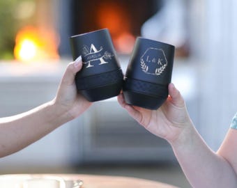 Customized Name & Initials Monogram Stemless Wine Tumbler 10oz with Lid | Laser Engraved Double Walled Vacuum Insulated Travel Mug