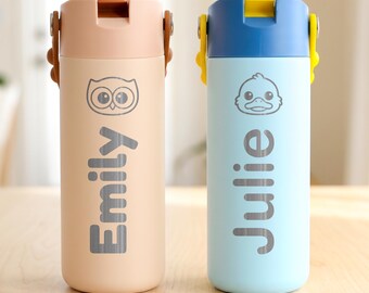 Kawaii Back to School Water Bottle Gift for Daycare and Preschool Kids | Personalized Name and Cute Animal on a Stainless Steel Sipper Cup