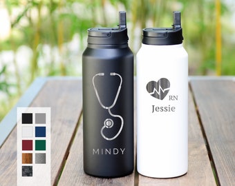 Personalized Nurse Gift Insulated Stainless Steel Water Bottle 32oz with Straw - 12hrs hot | 24 hrs cold | RN and Doctor Gift | FREE SHIP