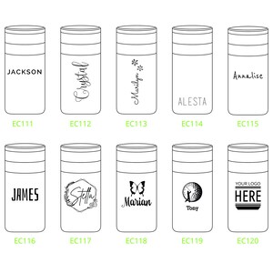 May include: Ten black and white tumbler designs with various names and graphics. The tumblers are all the same size and shape. The designs include names like Jackson, Crystal, Marilyn, Annalise, Alesia, James, Stella, Marian, Tony, and Your Logo Here.