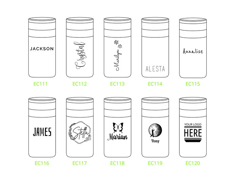 May include: Ten black and white tumbler designs with various names and graphics. The tumblers are all the same size and shape. The designs include names like Jackson, Crystal, Marilyn, Annalise, Alesia, James, Stella, Marian, Tony, and Your Logo Here.