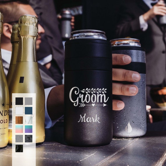 Personalized Gift for Groom 12oz Slim Can Cooler | Engraved Beer Can Sleeve | Groomsmen Proposal Can Cooler | Wedding Entourage Party Favors