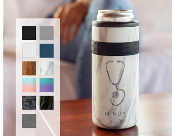 Personalized Slim Can Cooler w/ Nurse Design | RN & Doctor Designs 12oz Can Cooler| Insulated Stainless Steel Slim Can Holder| Birthday Gift