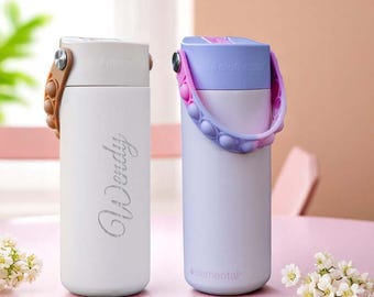 Personalized Water Bottles with Pop-it Handle | BPA-Free Leak-Proof Cute Kids Bottle with Straw | Perfect for Toddlers and Preschoolers