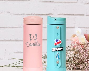 Kids Charms Water Bottle with Straw Lid | Leak-Proof When Closed, 14oz Stainless Steel Thermos for Charm Jibbitz