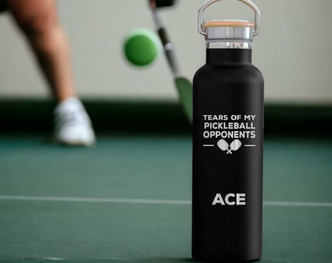Featured listing image: Pickleball Player Gifts Personalized Water Bottle with Bamboo Lid | Pickleball Paddles, Funny Player Pun Quotes