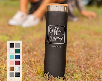 Premium 20oz Personalized Portable Coffee Bottle | Reusable Stainless Steel Coffee Flask with Bamboo Lid | All Occasion Water Bottle Gift