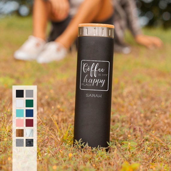 Premium 20oz Personalized Portable Coffee Bottle | Reusable Stainless Steel Coffee Flask with Bamboo Lid | All Occasion Water Bottle Gift