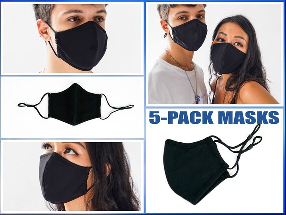 5-Pack , Adult, 3ply, Black, Washable Mask Adjustable Ear Loops, Super Comfortable