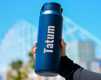 Laser Engraved Name Water Bottle for School | 40oz Leakproof Personalized Stainless Steel Big Straw Bottle for Teens