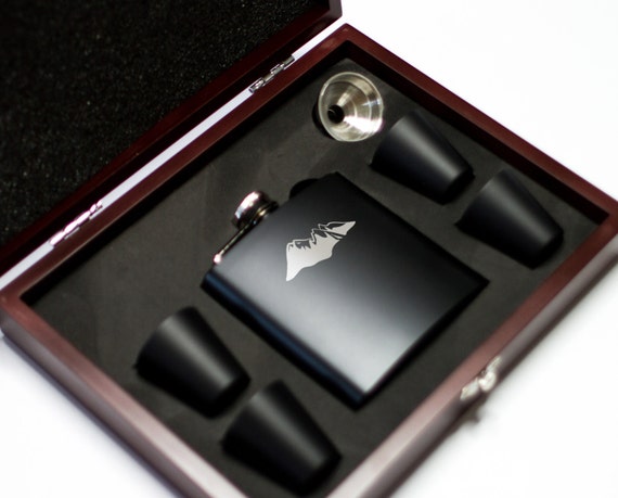 Flask Set in Wooden Gift Box | Mountain Flask | Hiking Flask | Birthday Gift | Outdoor Gift | Snow Fuji Mountain | Camping Trip | #FSKSET045