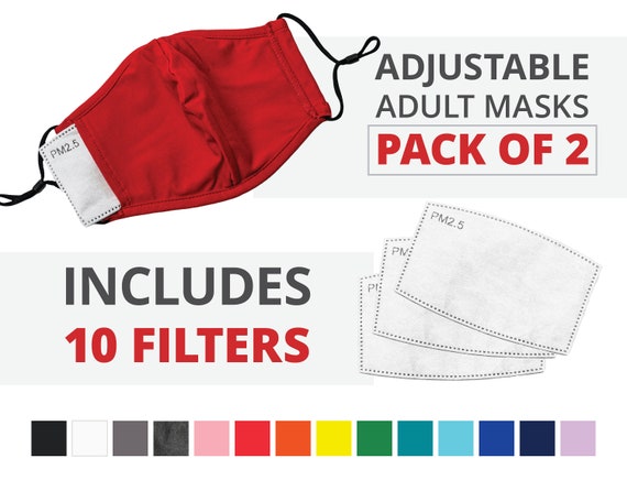 2-PACK Adult Reusable Face Masks With 10 Adult Mask Filters, Washable, 2-ply, 3D Fit, Filter Pocket, Adjustable Ear Loops