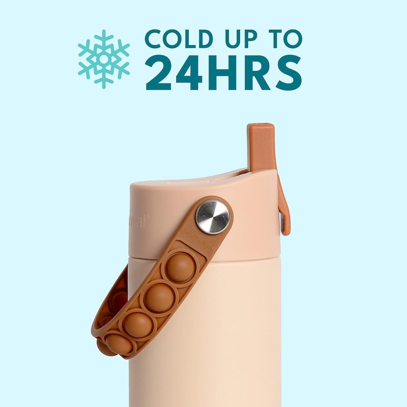 May include: A light pink insulated water bottle with a tan handle and lid. The handle features a series of circular indentations. The text "COLD UP TO 24HRS" is printed on the top of the image.