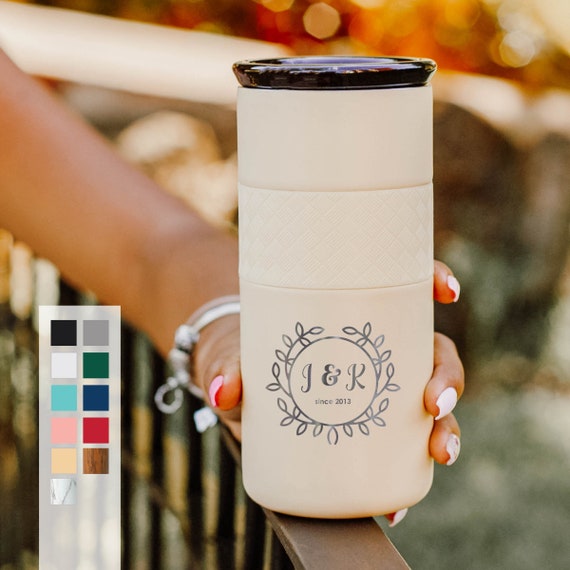 Personalized Wedding Gift Insulated Stainless Steel Coffee Tumbler 16oz with CERAMIC Lid - 6hrs hot | 18 hrs cold | Brides Maid, Groom Gift