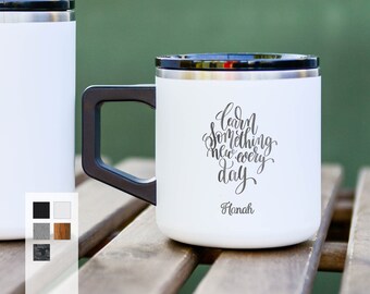 Customized 12oz Camping Mug with Lid | Engraved Teacher's Name Coffee Cup | Summer Vacation Mugs | Insulated Stainless Steel Professor's Mug