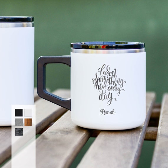 Customized 12oz Camping Mug with Lid | Engraved Teacher's Name Coffee Cup | Summer Vacation Mugs | Insulated Stainless Steel Professor's Mug