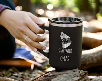 Personalized Spill-Proof Stainless Steel 16oz Coffee Mug | High Quality Camping Cold Brew Drink Mug | Hiking Outdoor Designs Coffee Mug