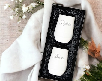 Personalized Stemless Wine Tumbler Gift Set | Laser Engraved Double Walled Insulated Mug with Gift Box | Custom Names and Company Logo