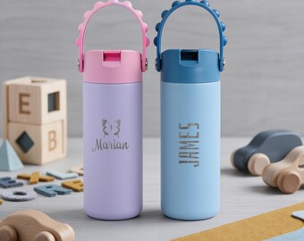 Custom Water Bottle with Pop It Handle | Personalized 18oz Kids Straw Sippy Cup | Leakproof Toddler Core Water Bottle for School
