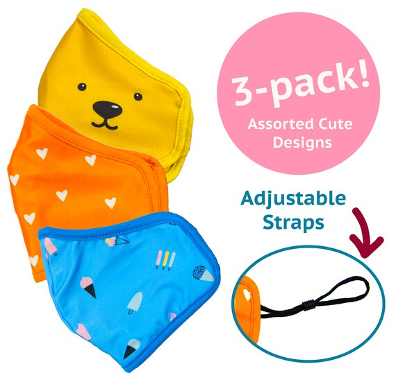 Kids Face Masks Variety 3-Pack Cute - Washable Reusable Adjustable Mask, Filter Pocket - Breathable, Comfortable, Cooling Face Mask for Kids