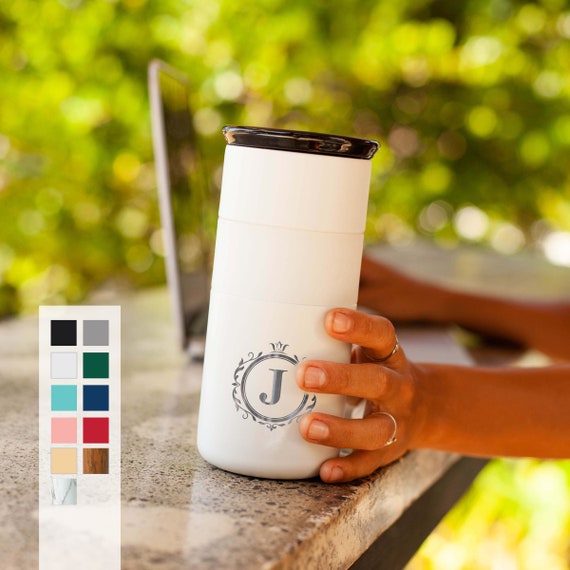 Personalized Name Initials Monogram Insulated Stainless Steel Custom Coffee Tumbler 16oz with CERAMIC Lid - 6hrs hot | 18hrs cold