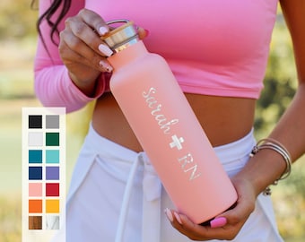 Custom Engraved Heartbeat RN Design with Personalized Name on Insulated Stainless Steel Water Bottle 25oz | Registered Nurse Gifts | Nurses