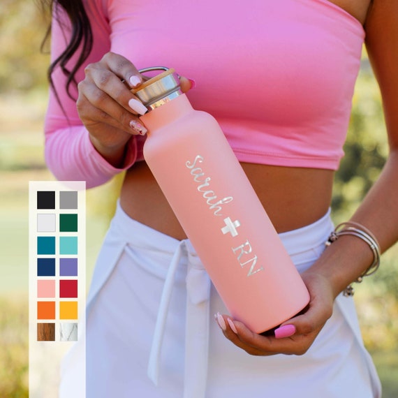 Custom Engraved Heartbeat RN Design with Personalized Name on Insulated Stainless Steel Water Bottle 25oz | Registered Nurse Gifts | Nurses