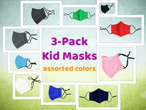3-Pack Kid Cotton Masks, Breathable Reusable Washable, with Adjustable Ear Loops, Filter Pocket, Anti-Fog 3D Fit