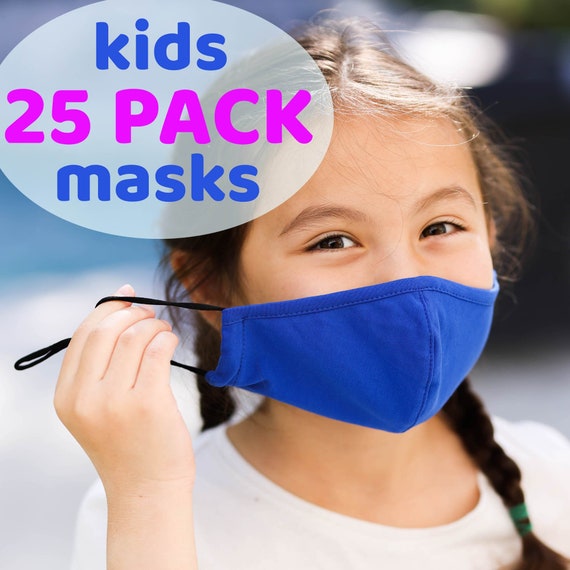 Kid Cotton Masks 25pcs VALUE PACK, Comfortable Stretchy 3D Fit, Washable Reusable with Adjustable Ear Loops, Filter Pocket