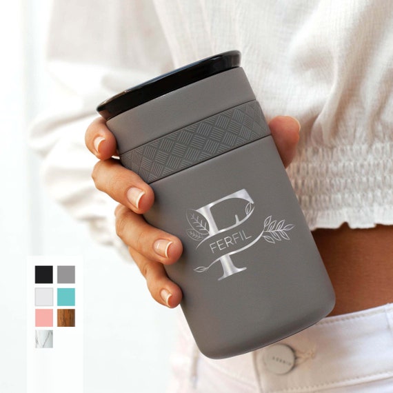 Personalized Wedding Gift Insulated Custom Initial Monogram Coffee Tumbler 12oz with CERAMIC Lid - 6hrs hot | 18hrs cold | Groomsmen Gift