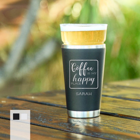 Personalized Insulated Stainless Steel 16oz Pint Glass | 6 hours Cold Beer Pint Cup | Customized Gift for Beer Lovers | Coffee Designs Glass