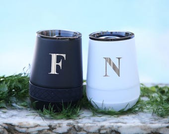 Customized Name & Initials Personalized Monogram Wine Tumbler 10oz with Lid | Laser Engraved Double Walled Vacuum Insulated Travel Mug