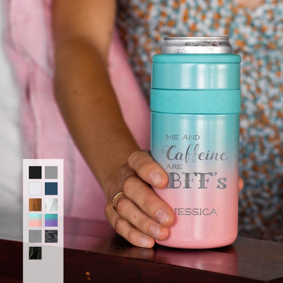 Personalized 12oz Skinny Can Cooler | Custom Coffee Lover Design Can Sleeve | Slim Can Holder Gift | Stainless Steel Seltzer Can Cooler