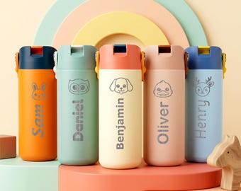 Personalized Cute Animal Water Bottle for Kids | Stainless Steel Custom Name Back to School Gift | Kawaii Design for Daycare & Preschool