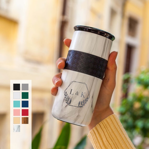 Personalized Gift Insulated Stainless Steel Monogram Letter Laser Engraved Coffee Tumbler 16oz with CERAMIC Lid - 6hrs hot | 18hrs cold