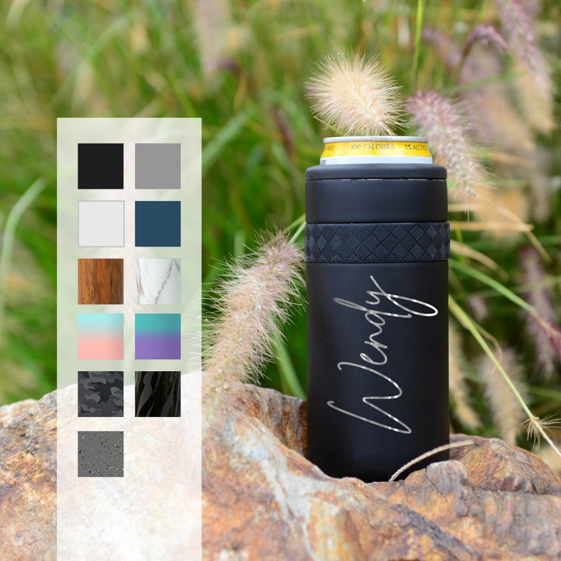 May include: Black insulated can cooler with a diamond pattern and the name "Wendy" engraved on the side.