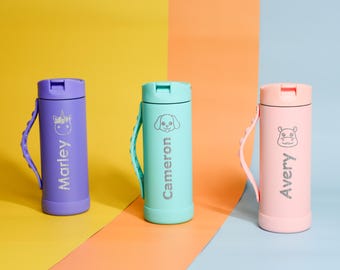 Personalized Cute Animal and Name Water Bottle for Kids | Stainless Steel Custom Back to School Gift | Kawaii Bottle for Daycare & Preschool