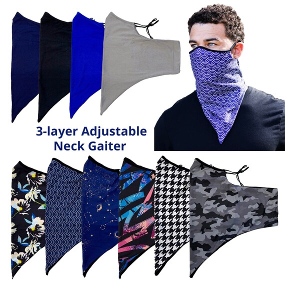 Adjustable Ear Loops Patterned Neck Gaiter Mask With 3 Layers of Fabric and Filter Pocket, Nose Contour, Cooling Moisture Wicking, Unisex