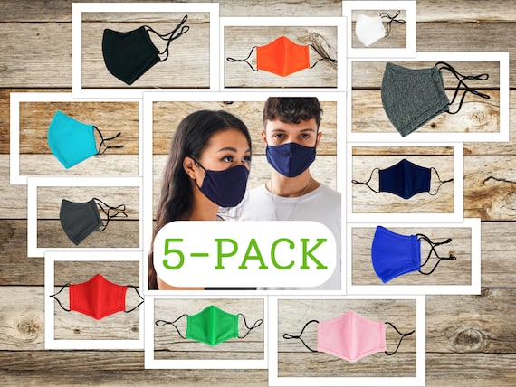 5-Pack Adult Cotton Anti-Fog Masks with Adjustable Ear Loops, Reusable, Washable, Comfortable Stretch, 3D Fit, 2ply, with Filter Pocket