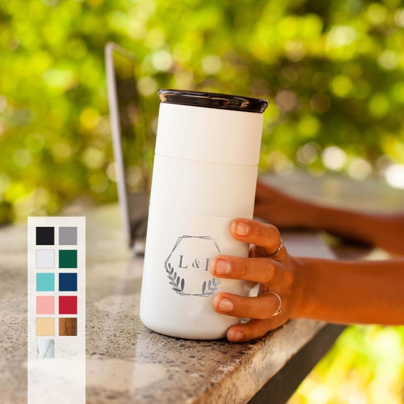 Custom Name Initials Monogram Insulated Stainless Steel Personalized Coffee Tumbler 16oz with CERAMIC Lid - 6hrs hot | 18hrs cold