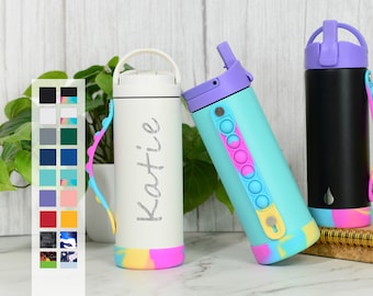 Pop Bottle for School Kids Laser Engraving Personalized Name - Iconic Stainless Steel Insulated 14oz Water Bottle with Poppin' Straps