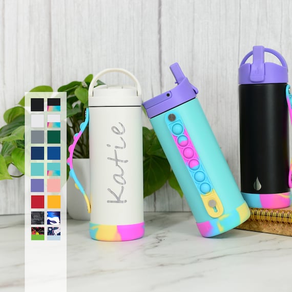 Pop Bottle for School Kids Laser Engraving Personalized Name - Iconic Stainless Steel Insulated 14oz Water Bottle with Poppin' Straps