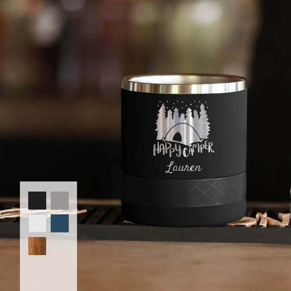 Premium Engraved 10oz Scotch Rocks Tumbler | Camper Design with Custom Name | Personalized Gift Lowball Mug | Stainless Steel Rocks Tumbler