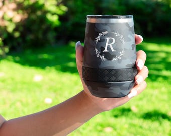 Personalized Name & Initials Monogram Wine Tumbler 10oz with Lid | Laser Engraved Custom Double Walled Vacuum Insulated Travel Mug