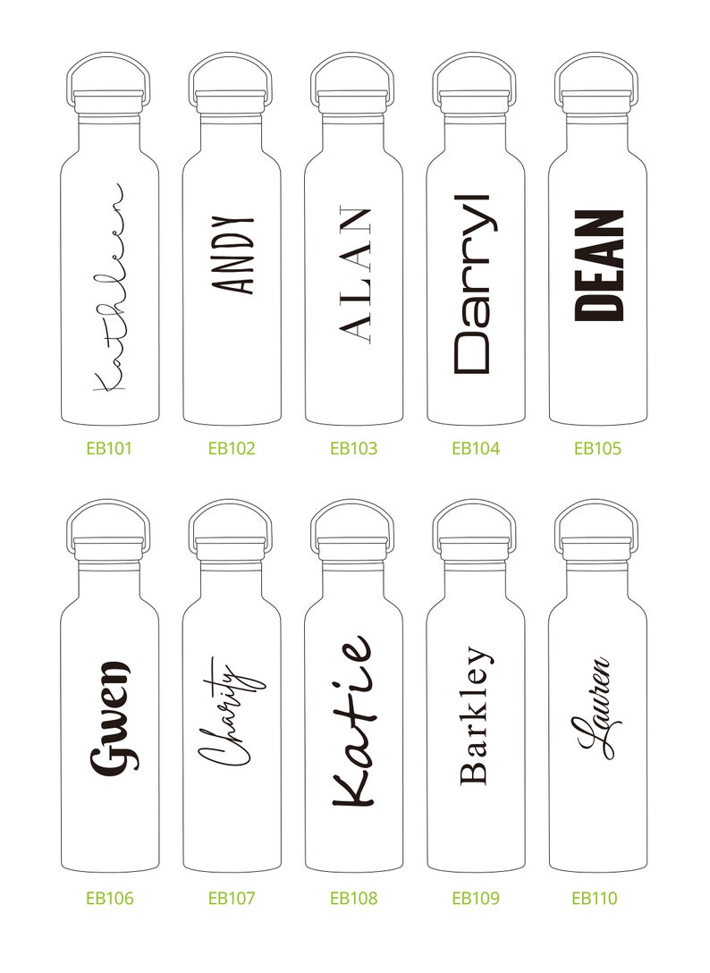 May include: Ten personalized water bottles with black lettering on a white background. The bottles are labeled with the names Kathleen, Andy, Alan, Darryl, Dean, Gwen, Charity, Katie, Barkley, and Lauren.