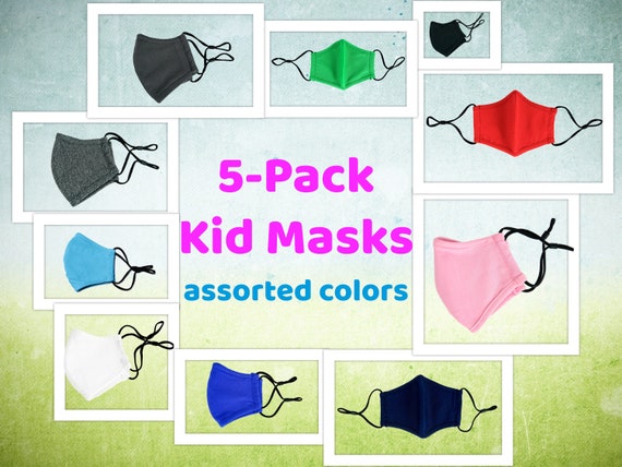 5-Pack Kid Cotton Masks, Comfortable Stretchy 3D Fit, Breathable Washable Reusable with Adjustable Ear Loops, Anti-Fog