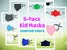 5-Pack Kid Cotton Masks, Comfortable Stretchy 3D Fit, Breathable Washable Reusable with Adjustable Ear Loops, Anti-Fog 