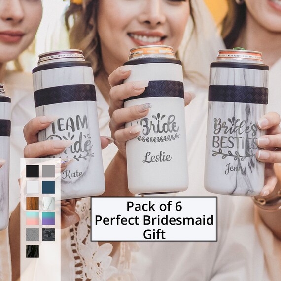 Personalized Can cooler Pack of 6 Bridesmaids Party Gifts | 12oz Skinny Can Cooler | Custom Engraved Can Holder | Non-Slip Bottom